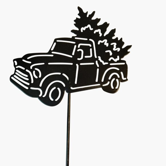 Pick Up Truck Christmas Tree Yard Stake Black Metal 17 Inch Holiday Time - Picture 1 of 8